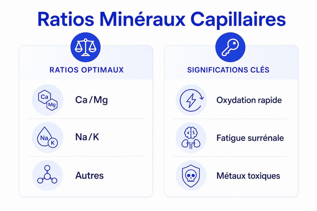 Aperçu visuel des principaux rapports minéraux issus de l’analyse des cheveux