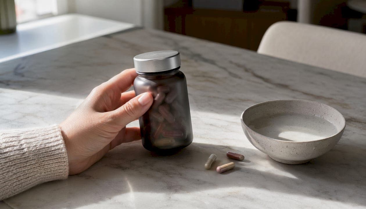 Una mano sostiene un frasco de cápsulas para fortalecer el cabello.