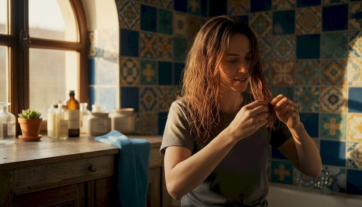 Woman applying conditioner to wavy hair