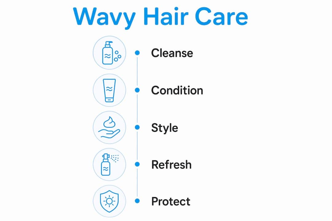 Infographic showing wavy hair care routine steps