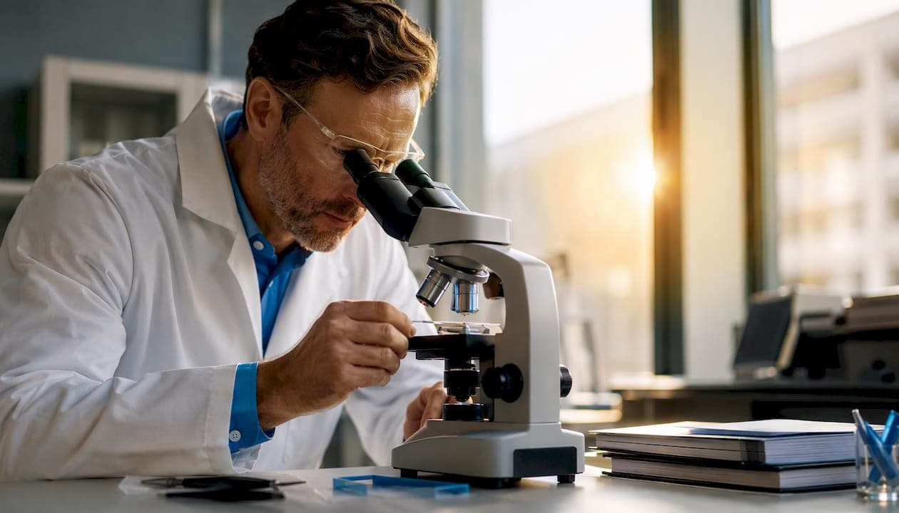 Scientist examining hair strand diameter in bright lab