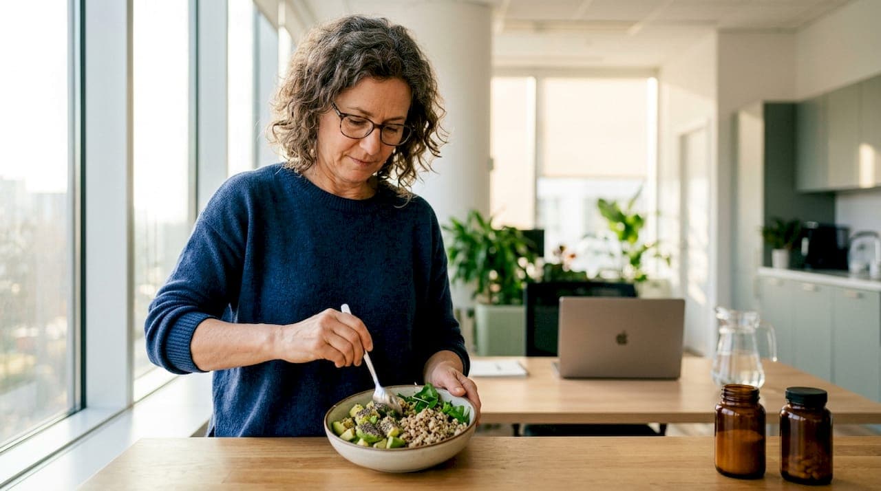 Eine Frau bereitet eine ausgewogene Mahlzeit zu.