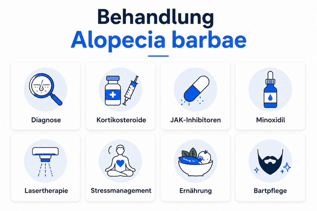 Diese Infografik veranschaulicht die einzelnen Schritte zur Behandlung von Alopecia barbae.