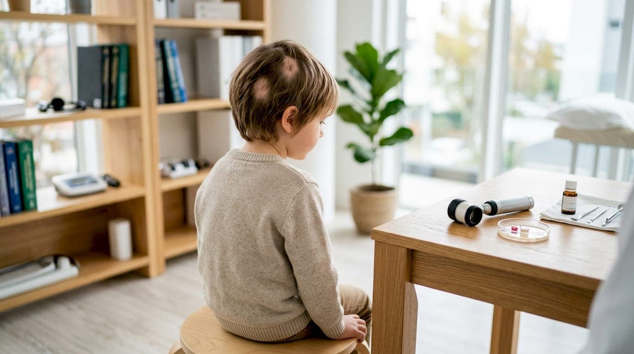 Detailaufnahme einer Kopfhaut mit Pilzbefall, begleitet von medizinischen Instrumenten.