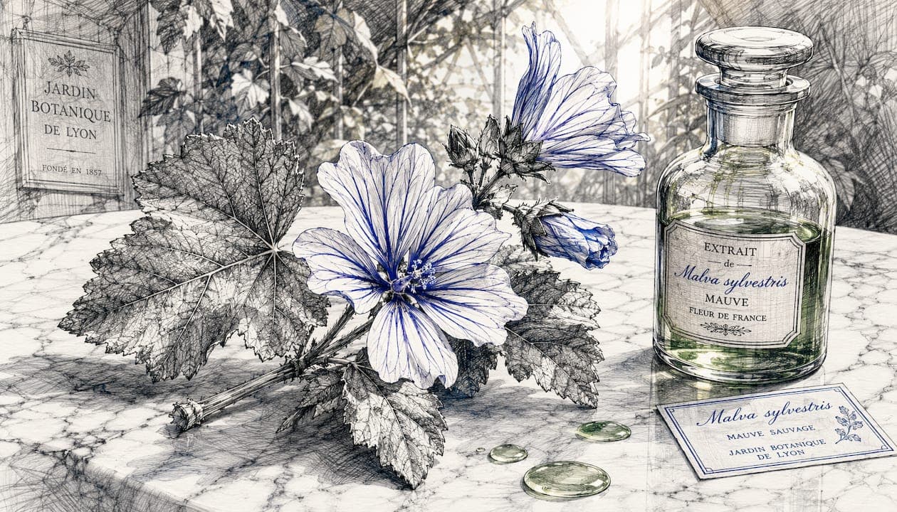 Observation rapprochée d’une fleur de mauve sylvestre en milieu de laboratoire
