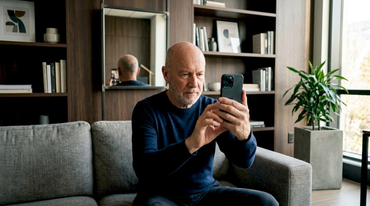 Hombre haciéndose una foto para controlar la evolución de su tratamiento capilar.