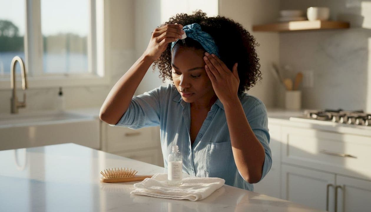 Woman applying scalp serum at home