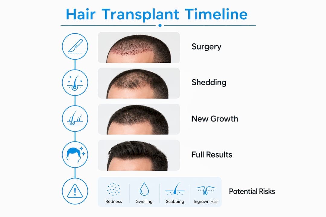 Infographic showing hair transplant timeline and risks