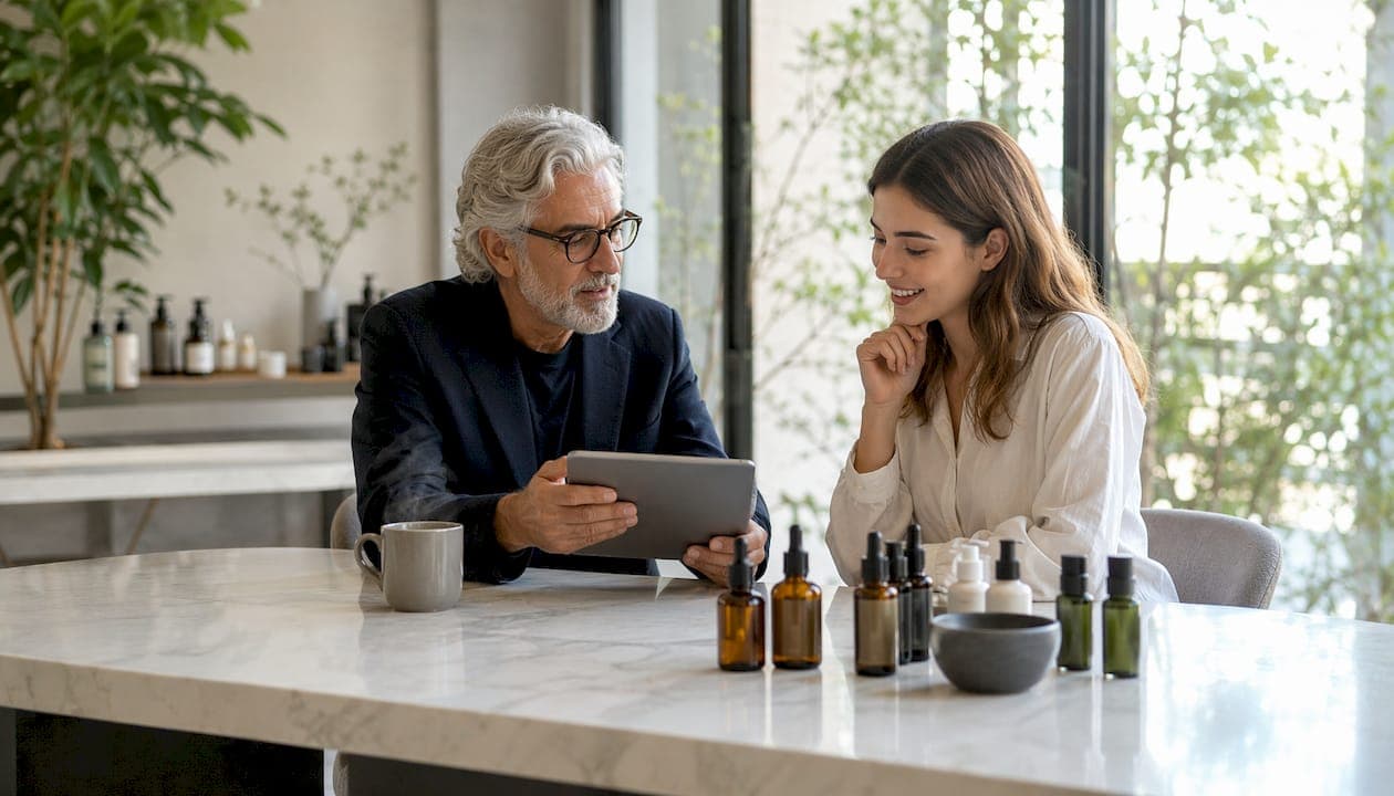 Especialista en cuidado capilar asesorando a una clienta mientras revisan información en una tablet