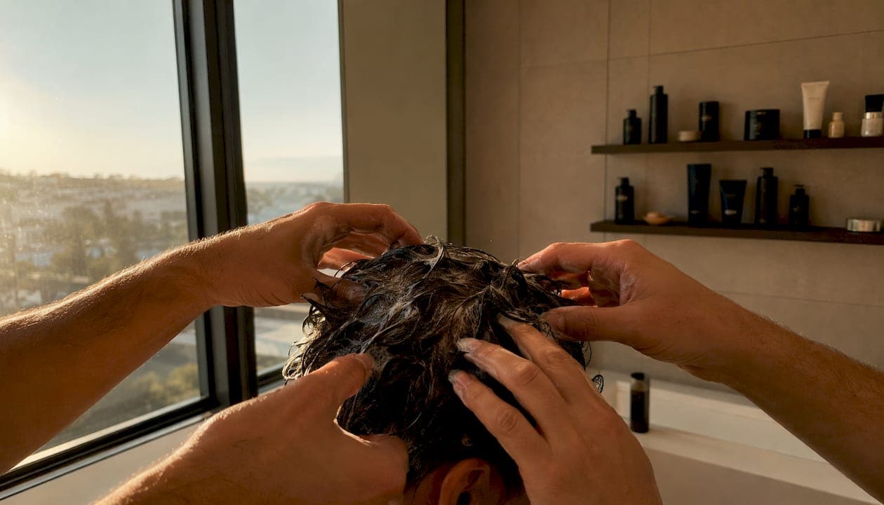 Im Badezimmer werden die Haare mit einer pflegenden Spezialshampoo-Kur behandelt.