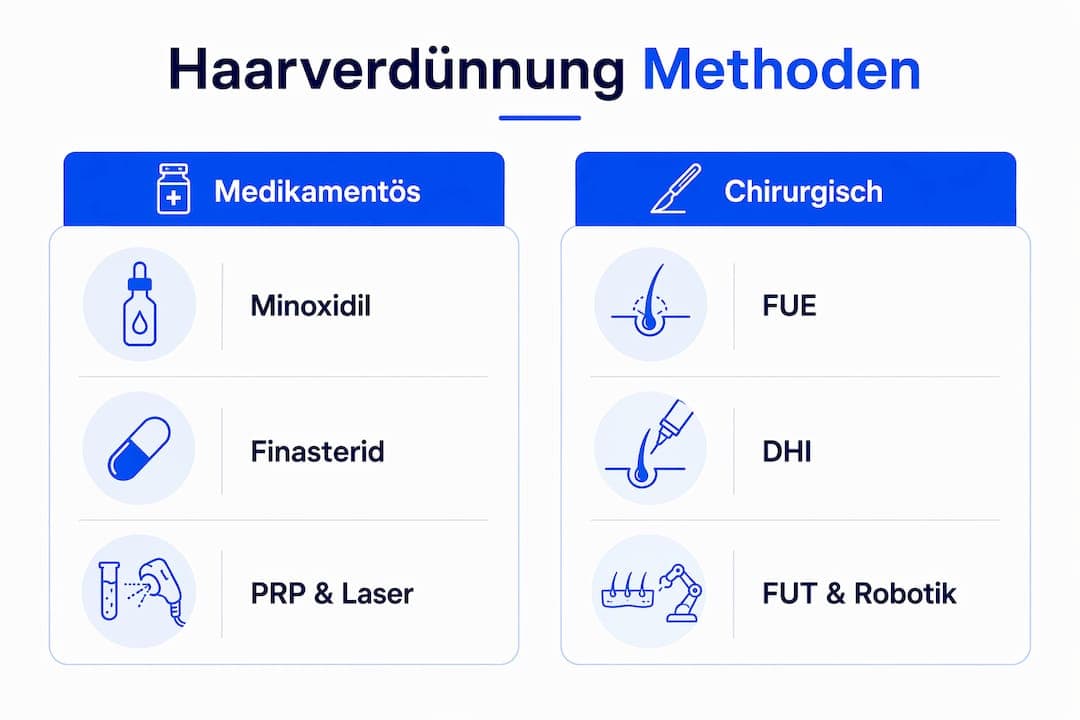 Infografik: Gegenüberstellung von medikamentösen und chirurgischen Behandlungsmöglichkeiten bei Haarausfall