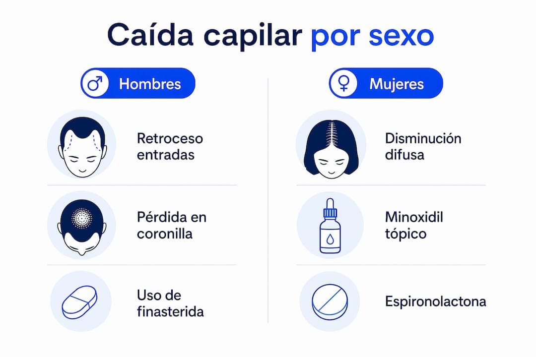 Infografía sobre las diferencias entre la caída del cabello en hombres y mujeres