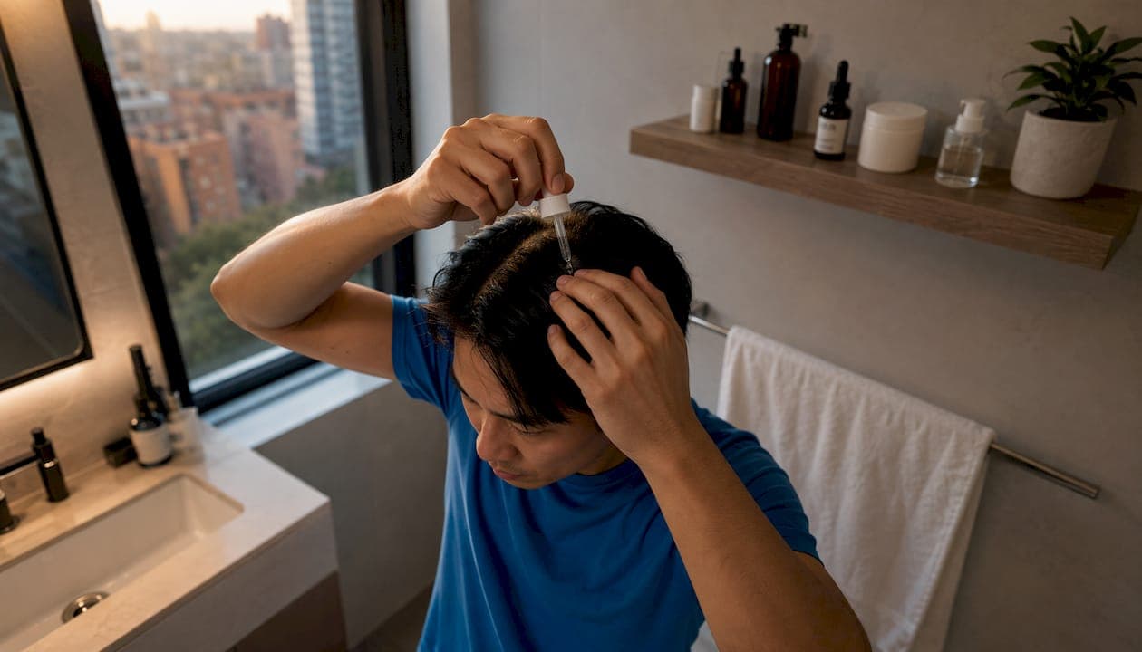 Man applying topical hair treatment in bathroom