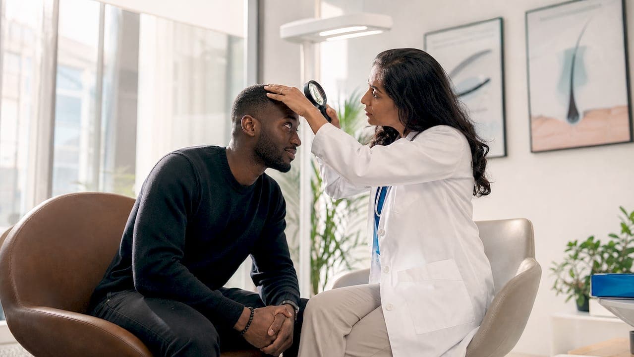 Dermatologist examining patient’s scalp in clinic