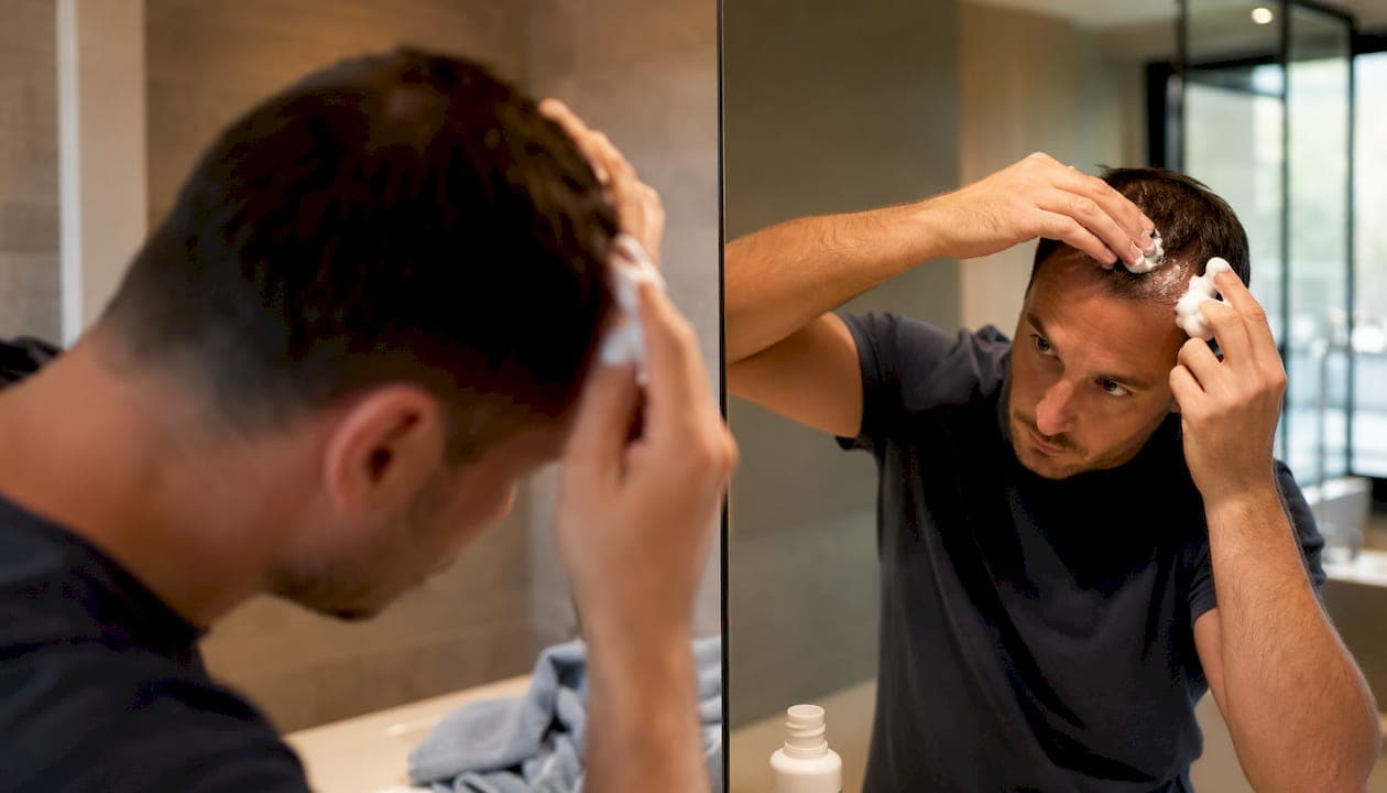 Mit den Händen Minoxidil sanft auf die Kopfhaut einmassieren.