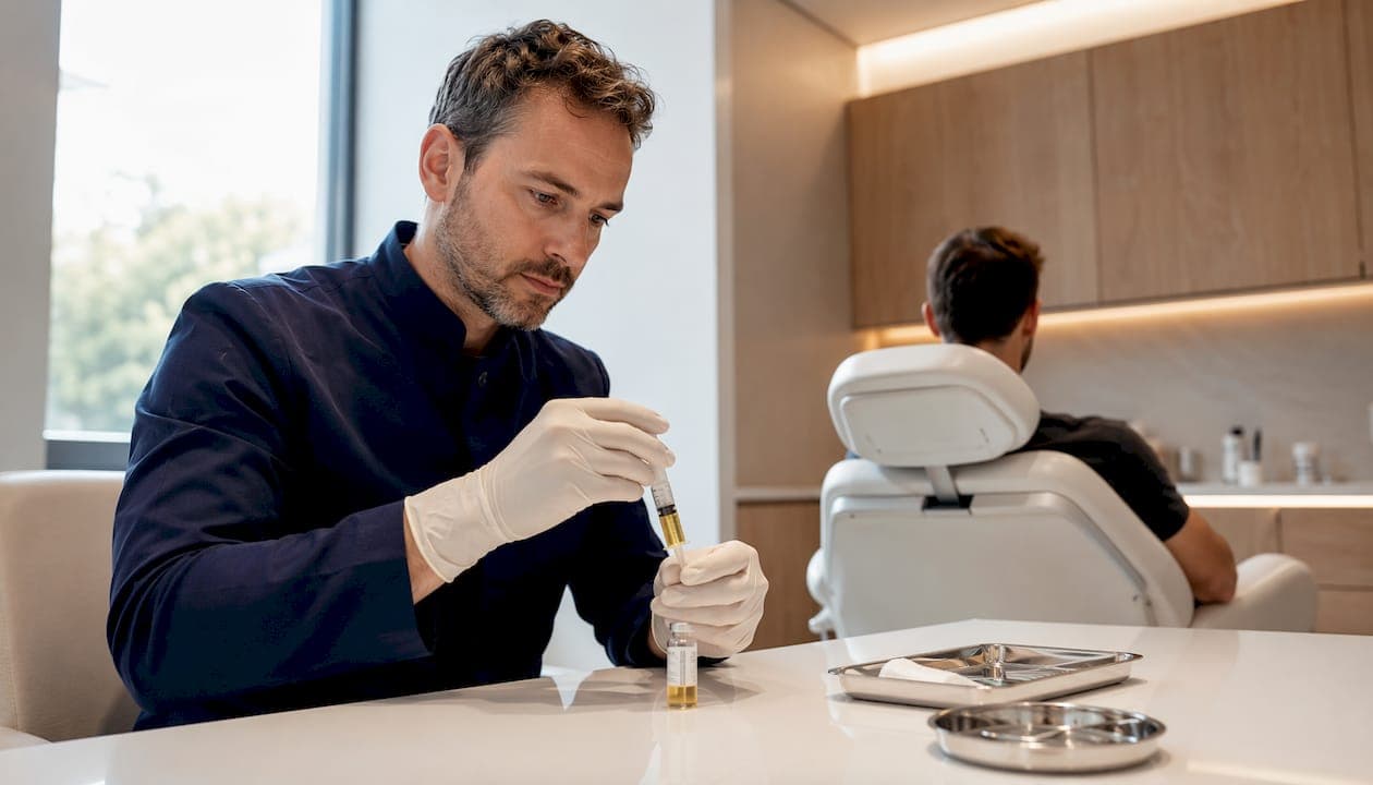 Ein Arzt bereitet die PRP-Behandlung gegen Haarausfall vor.