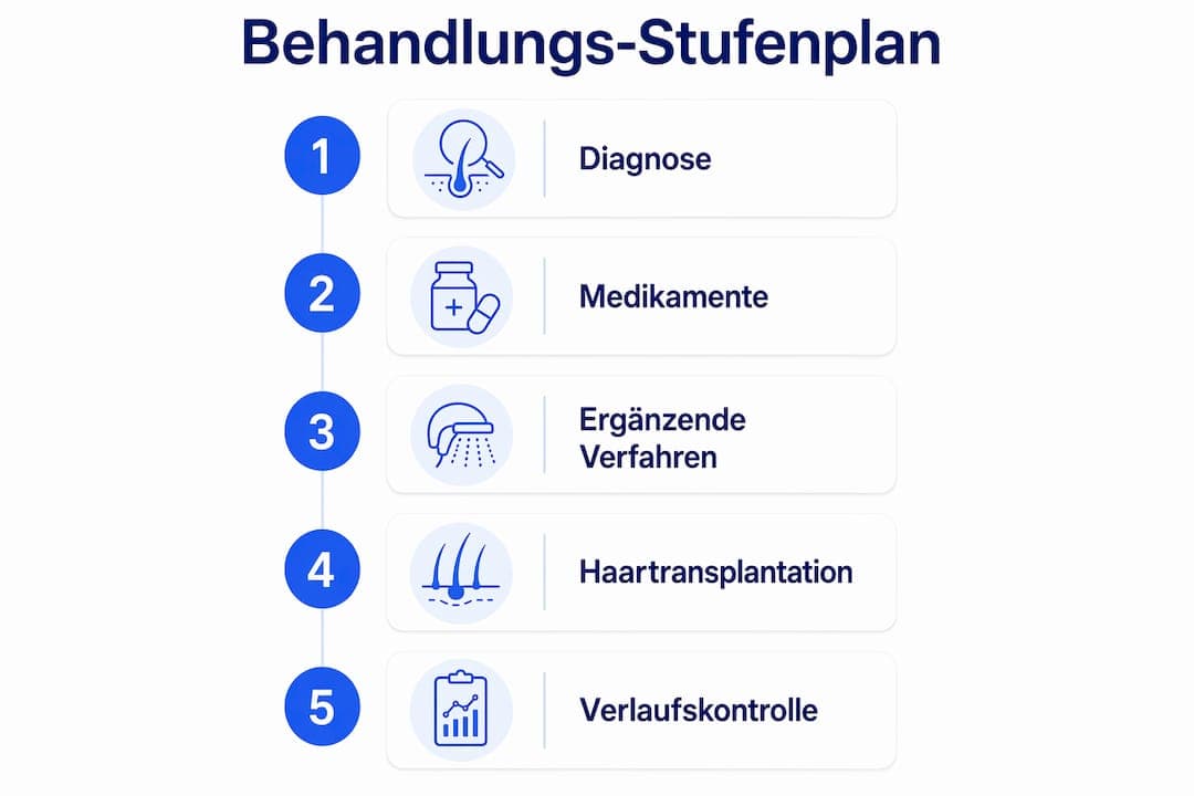 Übersichtsgrafik: Schritt-für-Schritt-Plan zur Behandlung von Haarausfall