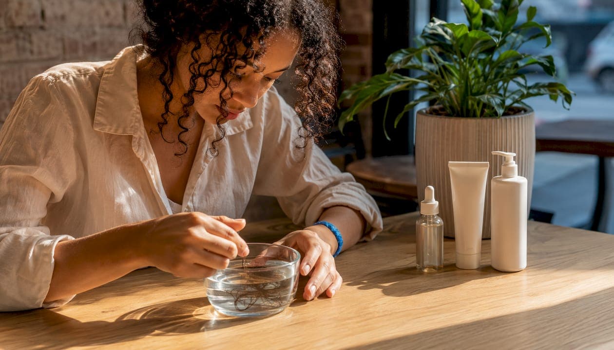 Woman performing hair porosity float test