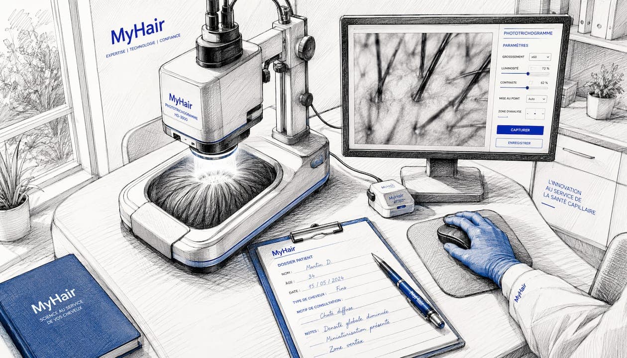 Gros plan sur un appareil d’analyse capillaire par phototrichogramme