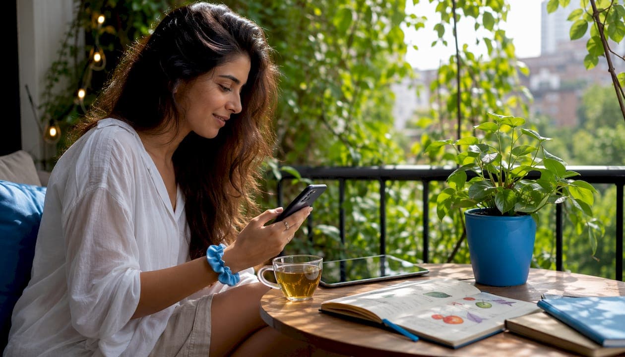 Woman using AI hair diet app at kitchen table