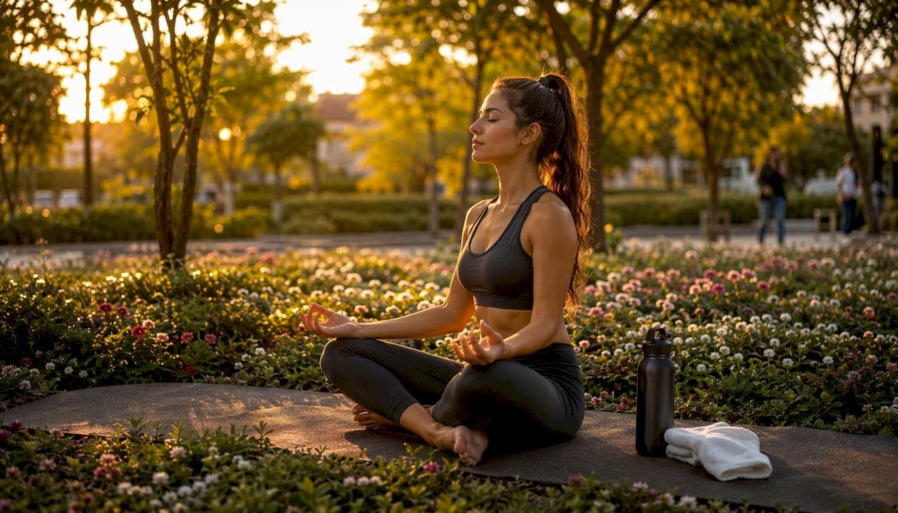 Mujer practicando meditación al aire libre para cuidar la salud de su cabello