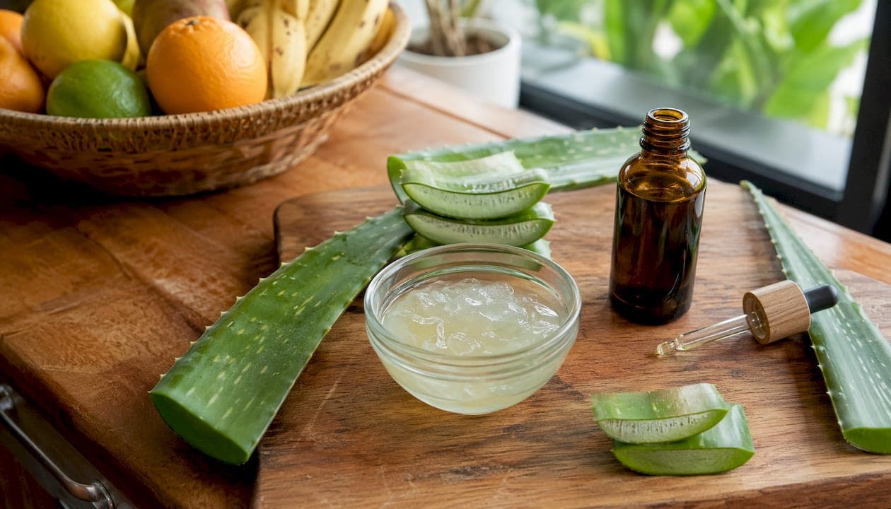 Aloe and castor oil mix on wooden table