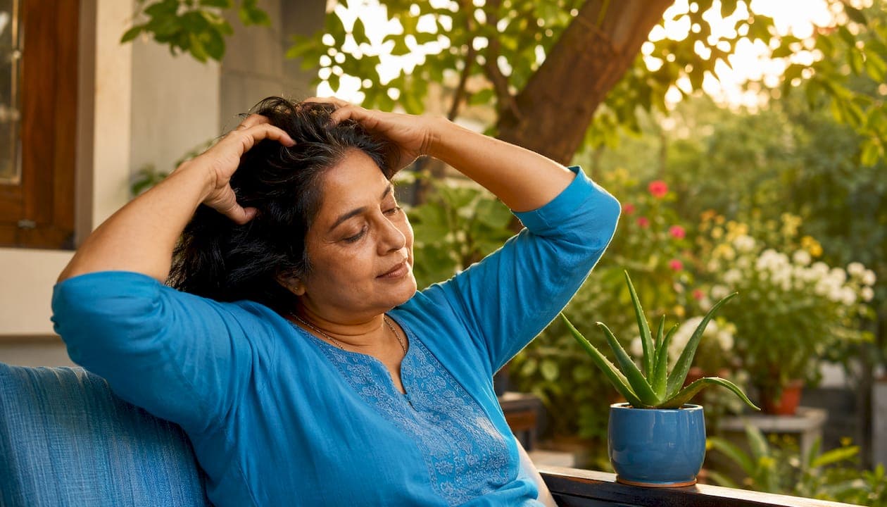 Woman massaging aloe oil into scalp
