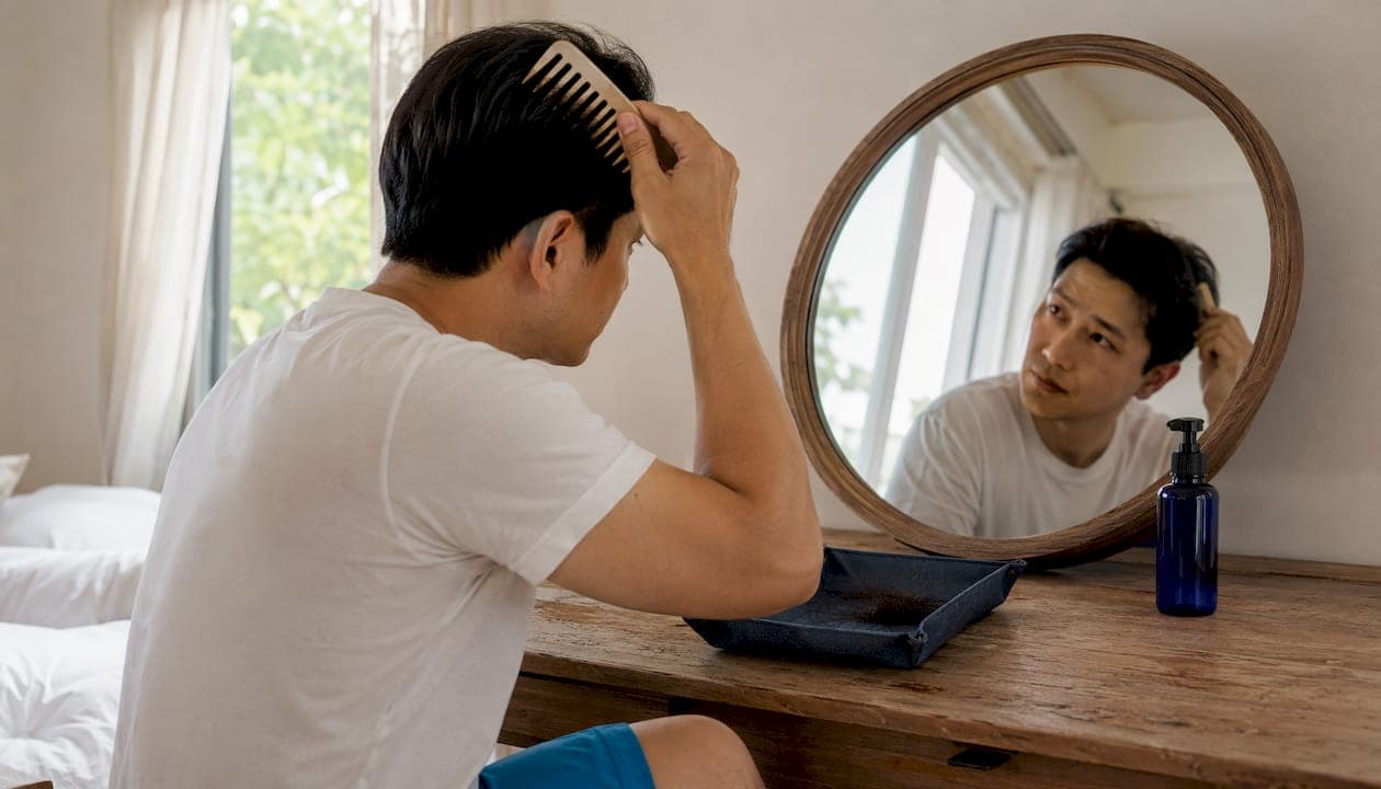 Man examining hair strands in bathroom mirror