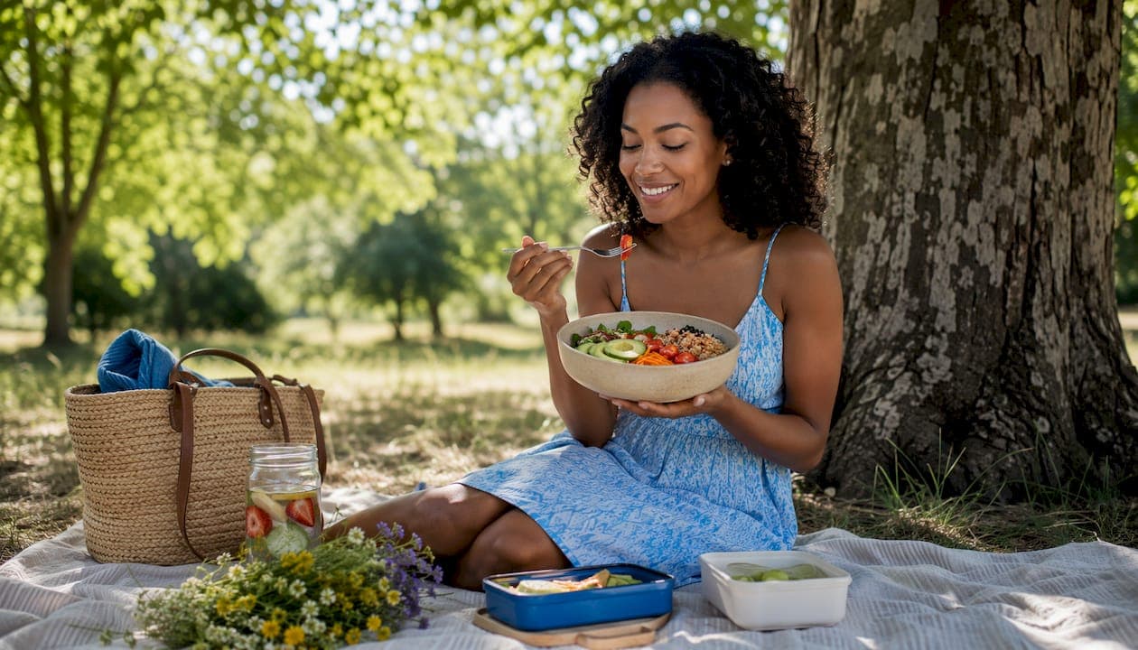 Woman eating healthy hair nutritious meal