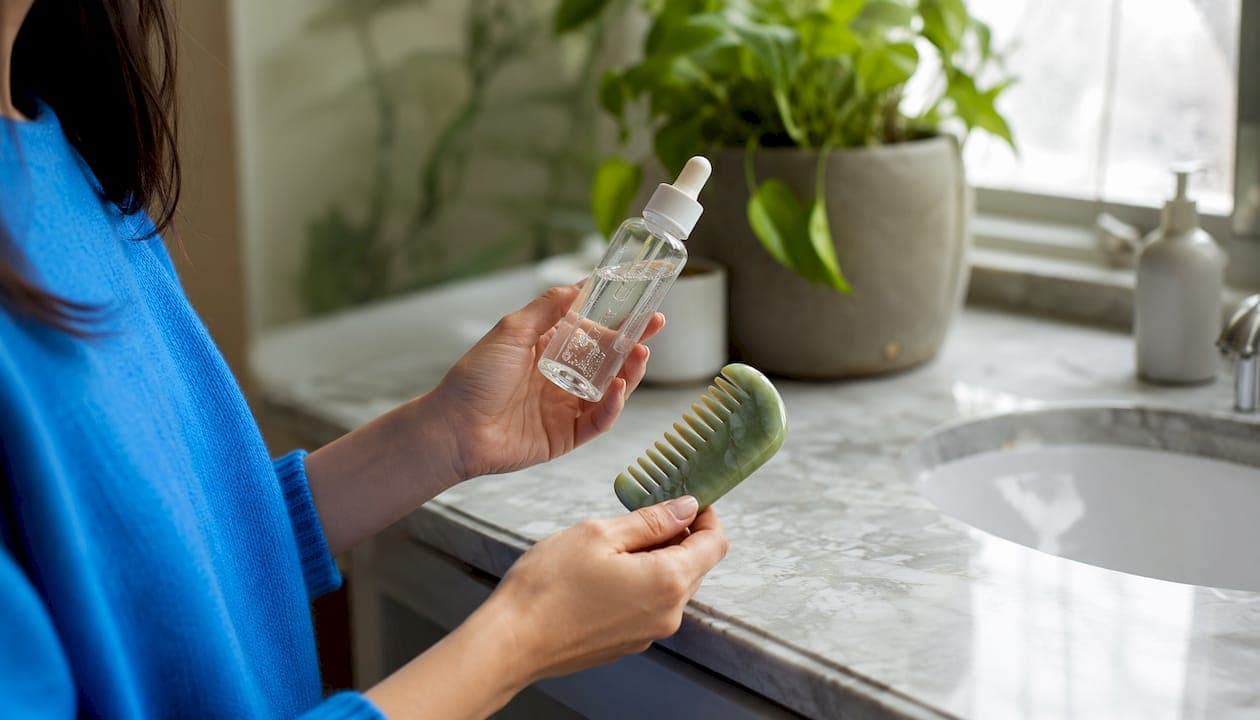 Hand holding serum bottle and jade scalp comb