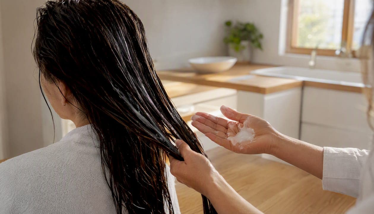 Aplicando champú anticaída sobre el cabello mojado