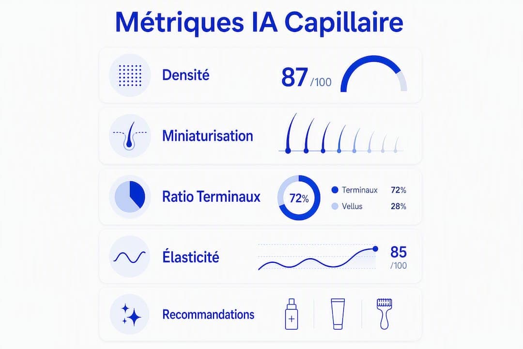 Vue d’ensemble des indicateurs clés issus de l’analyse capillaire basée sur l’intelligence artificielle