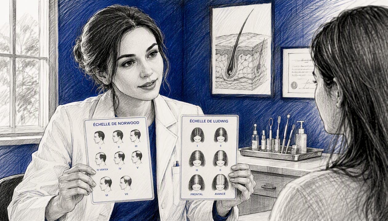 Un dermatologue présente différentes étapes de la chute de cheveux à l’aide de cartes explicatives.