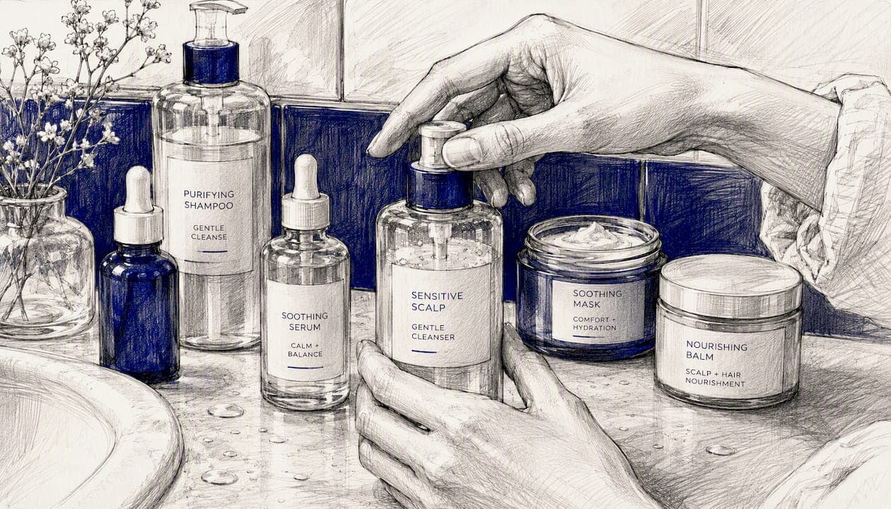 Des mains qui choisissent avec soin des produits capillaires doux