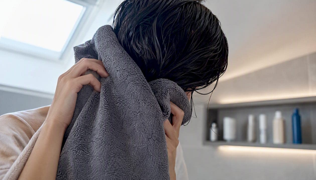 Hands blotting wet hair with microfiber towel