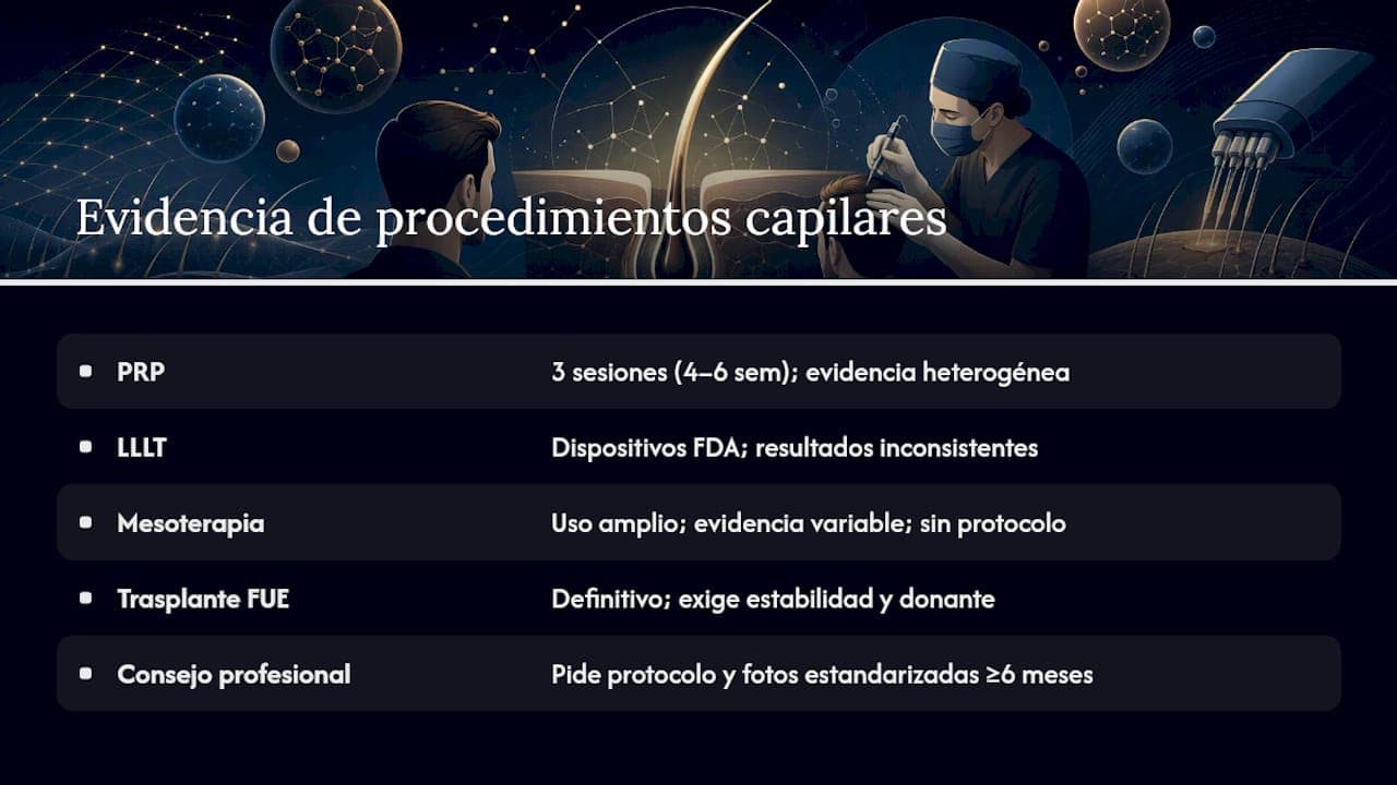 PRP, láser de baja intensidad, mesoterapia y trasplante: qué dice la evidencia — overview diagram