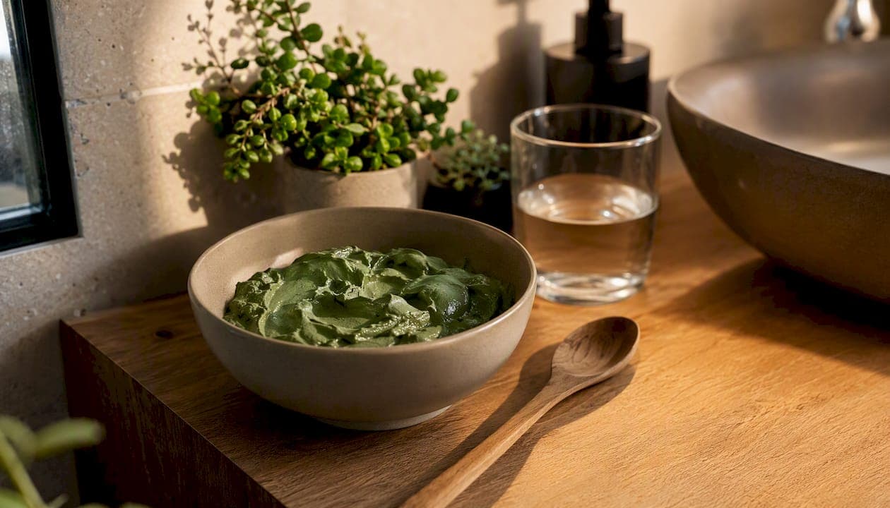 Auf der Arbeitsplatte steht eine Schale mit grüner Heilerde und ein Holzlöffel daneben.