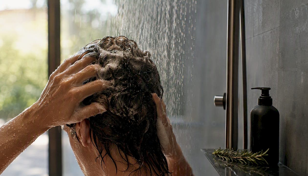 Mit den Händen wird der Shampooschaum gründlich aus den Haaren gespült.