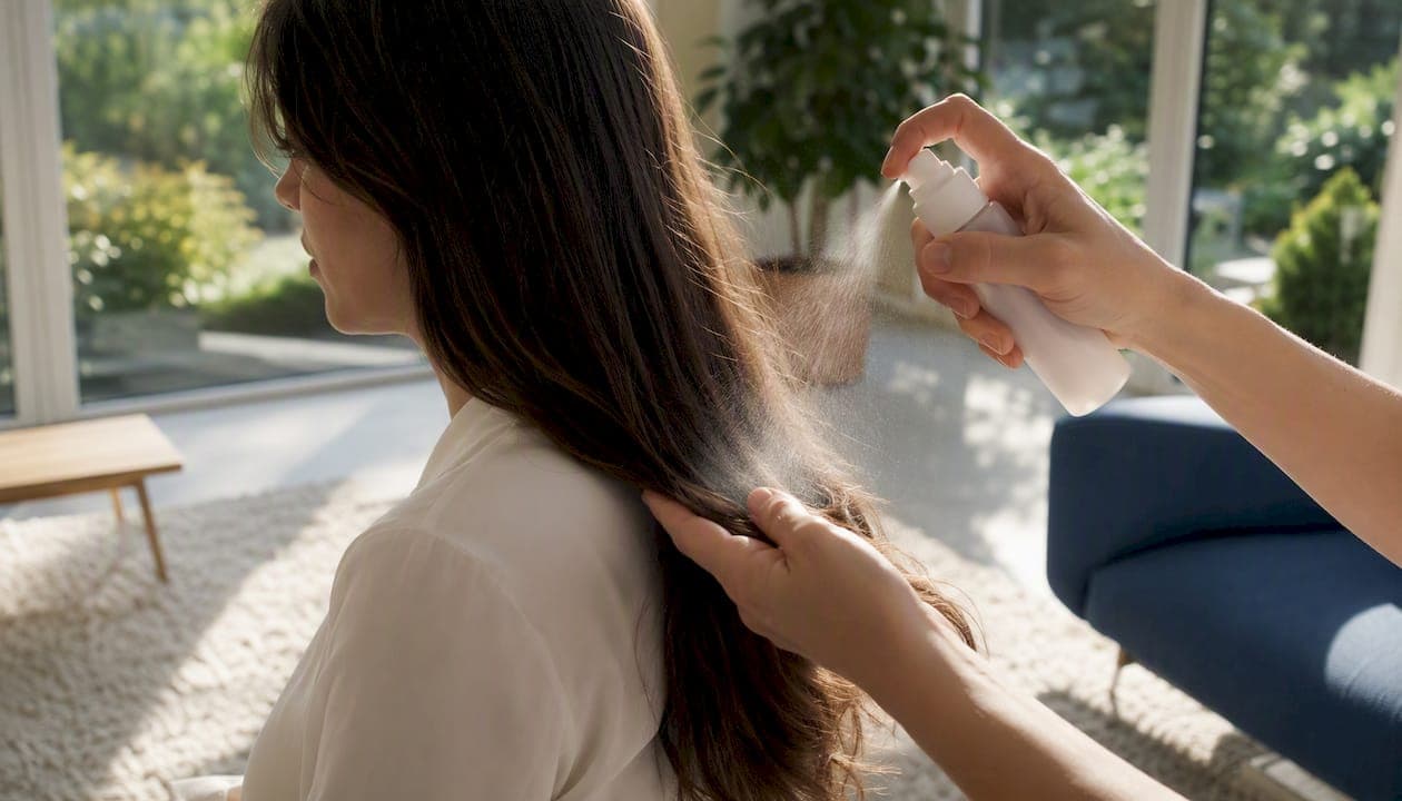 Hands applying leave-in conditioner spray to hair ends