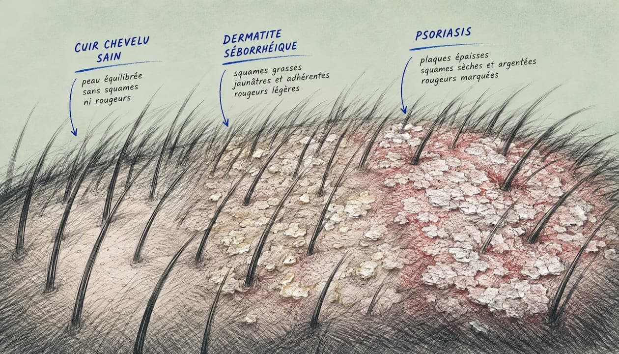 Vue rapprochée d’un cuir chevelu présentant des pellicules et des signes de psoriasis