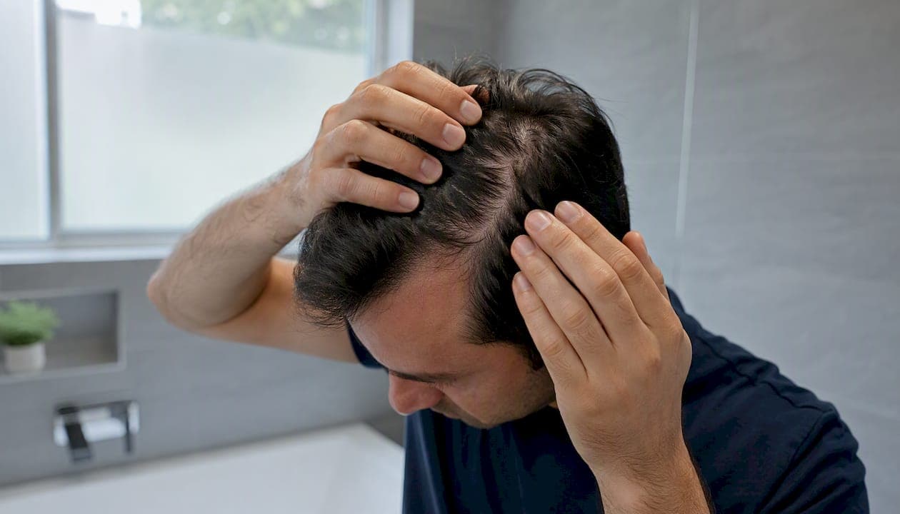 Hand parting scalp to reveal hair follicles