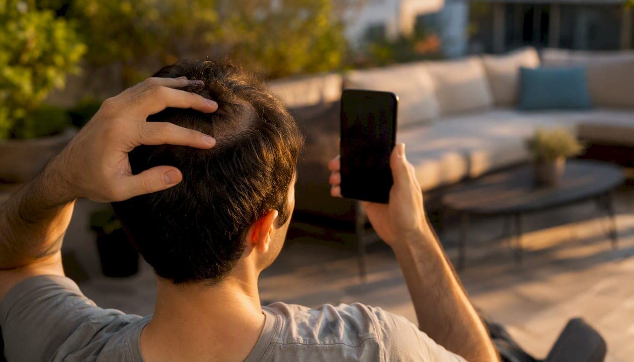 Person capturing scalp photo with smartphone