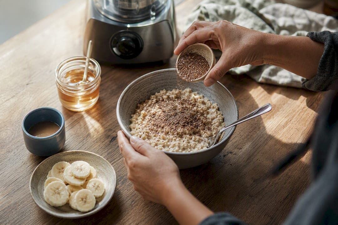 Hands adding ground flaxseed to oatmeal bowl and smoothie