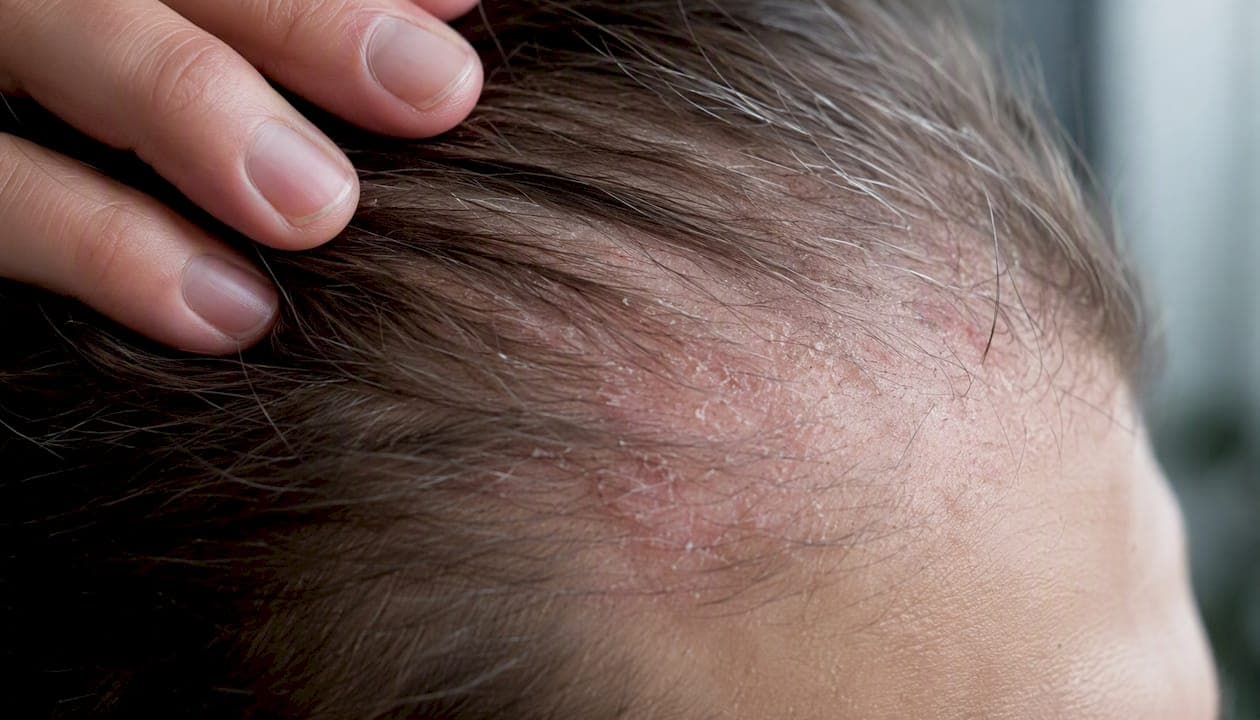 Nahaufnahme einer entzündeten Kopfhaut und Haarfollikel