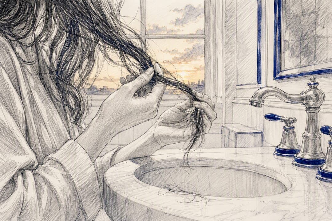 Mains brossant les cheveux avec des mèches tombées au-dessus du lavabo