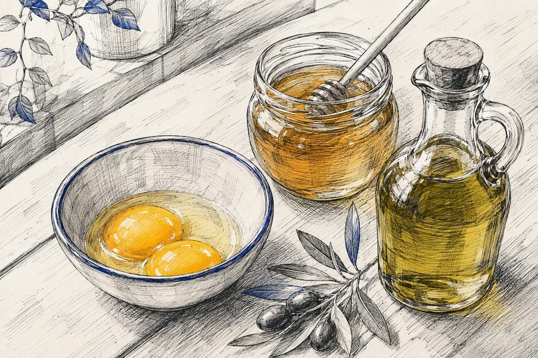 Gros plan sur un jaune d'œuf, du miel et de l'huile d'olive