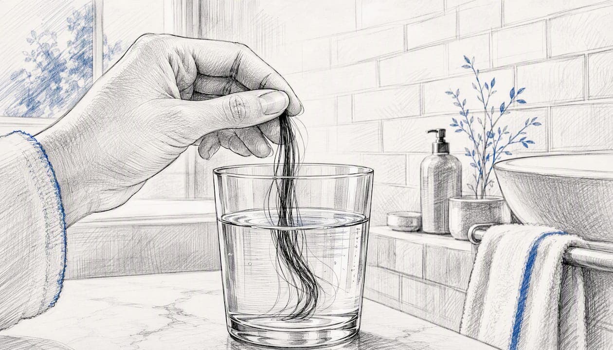 Main testant la porosité des cheveux avec un verre d'eau