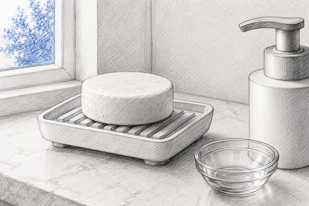 Savon solide qui sèche sur un porte-savon drainant