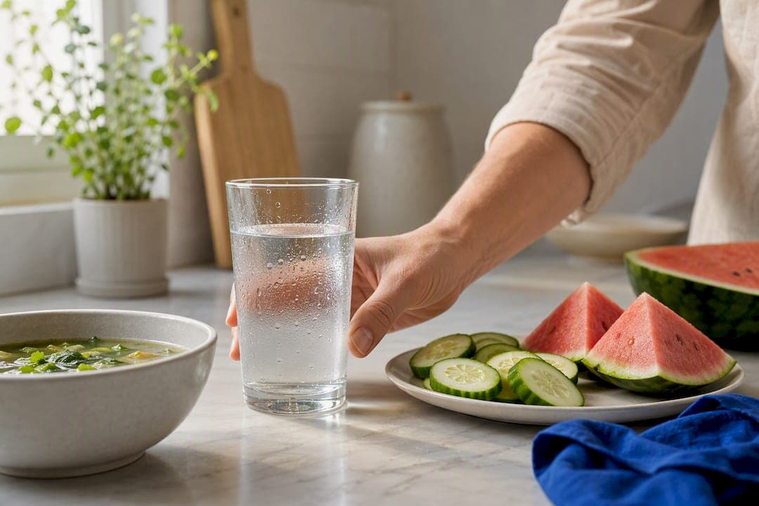 Wasser, Gurke und Wassermelone als gute Flüssigkeitslieferanten