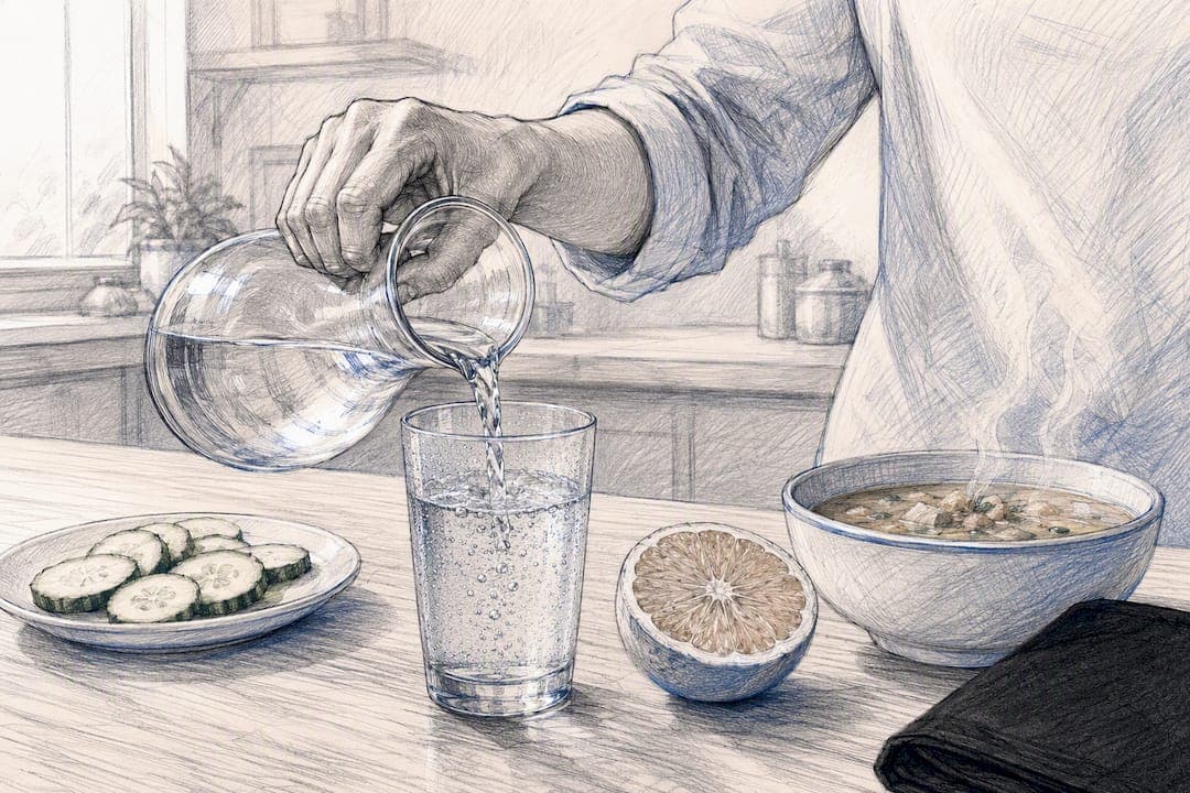 Un verre d'eau accompagné d'aliments riches en eau